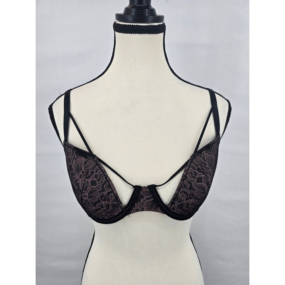 Victoria's‎ Secret Lined Demi Bra 34D Black Rose Gold Metallic Lace Strappy Cage